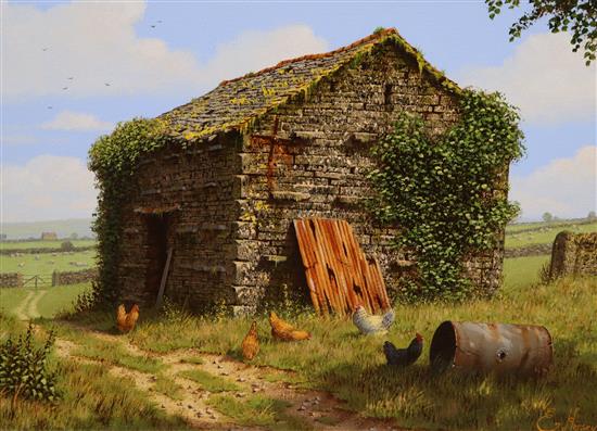 Edward Hersey (1948-), oil on canvas, Chickens beside a stone barn, signed, 29 x 39cm